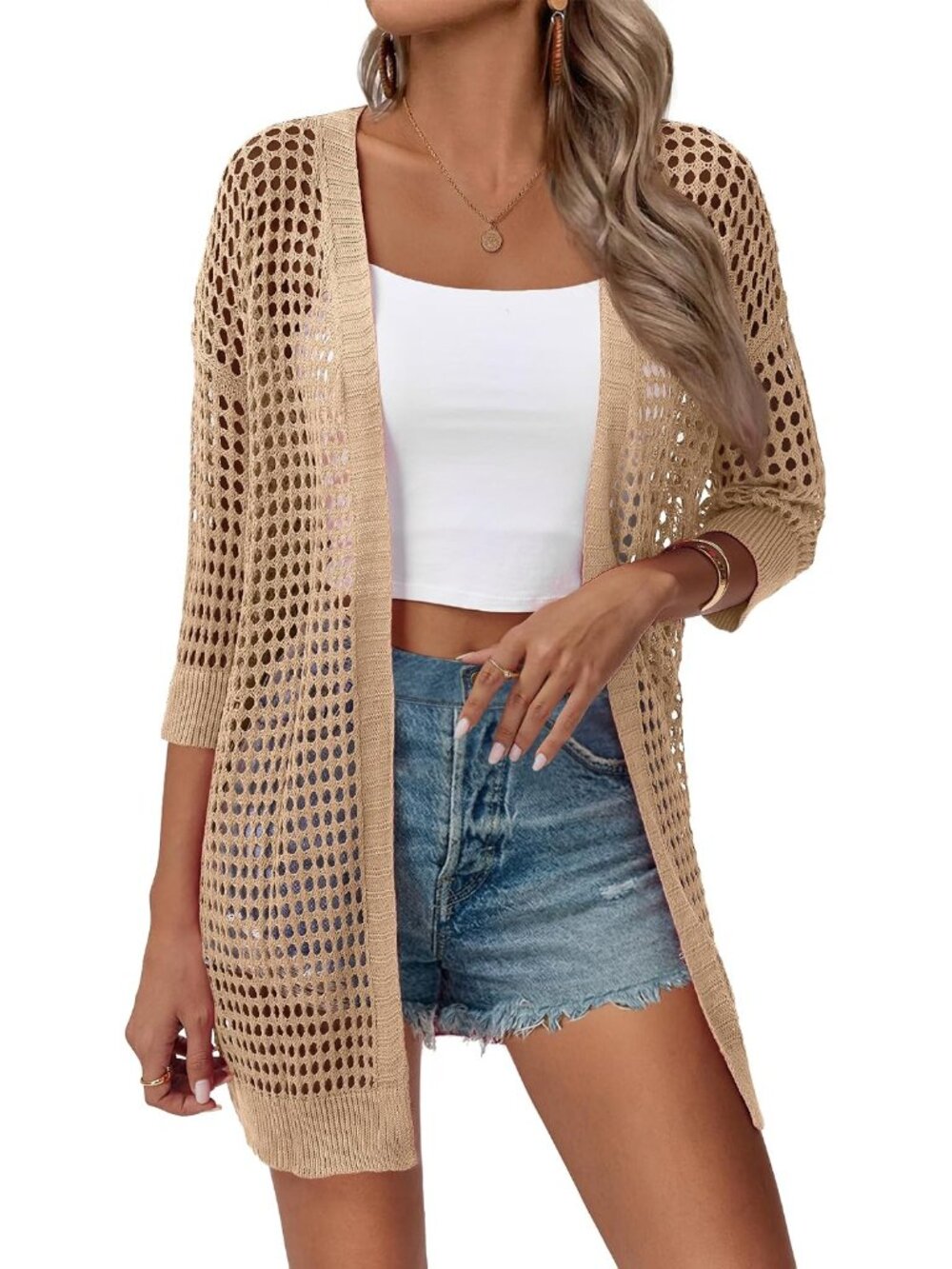 Women's 2026 Summer Crochet Lightweight Cardigan Short Sleeve Boho Kimono Oversi